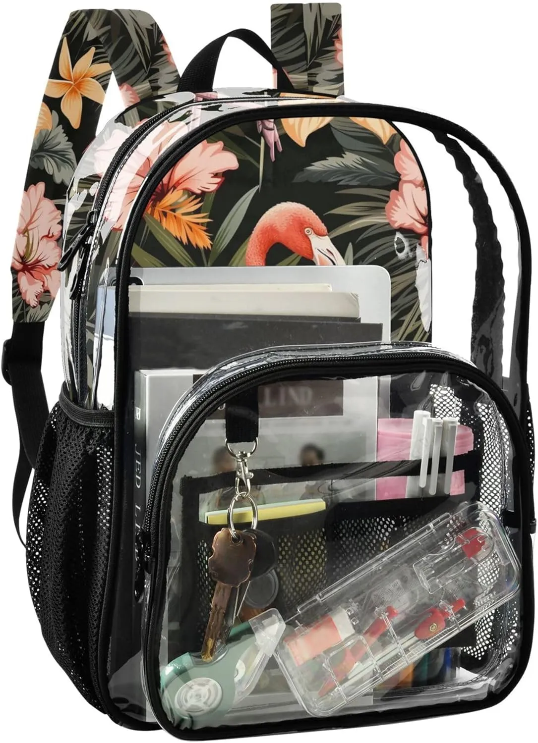 MNSRUU Large Clear Backpack for School Stadium Concerts Sports Events Tropical Flamingos and Flowers Transparent Heavy-Duty PVC Backpack with Adjustable Straps, See-Through Bag Multiple Compartments