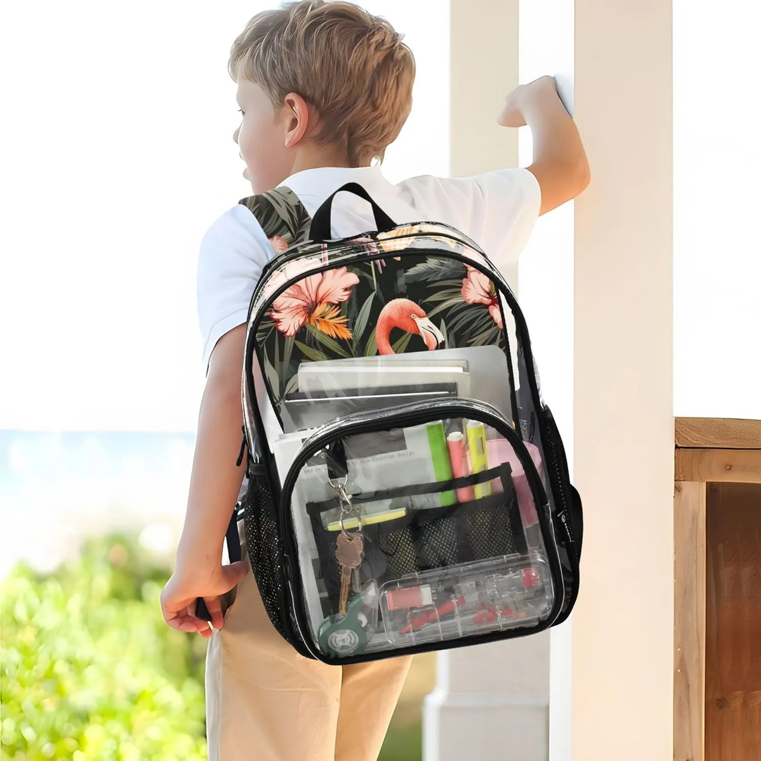 MNSRUU Large Clear Backpack for School Stadium Concerts Sports Events Tropical Flamingos and Flowers Transparent Heavy-Duty PVC Backpack with Adjustable Straps, See-Through Bag Multiple Compartments