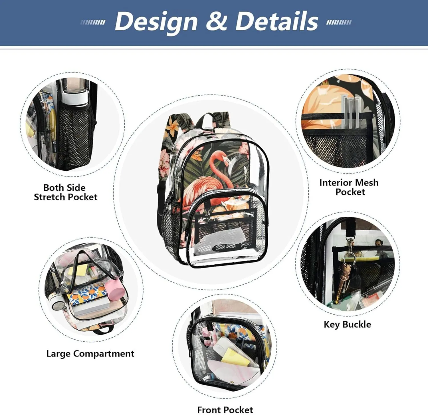 MNSRUU Large Clear Backpack for School Stadium Concerts Sports Events Tropical Flamingos and Flowers Transparent Heavy-Duty PVC Backpack with Adjustable Straps, See-Through Bag Multiple Compartments