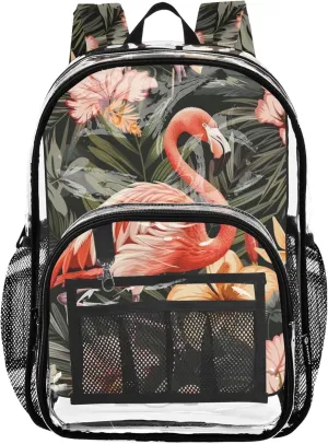 MNSRUU Large Clear Backpack for School Stadium Concerts Sports Events Tropical Flamingos and Flowers Transparent Heavy-Duty PVC Backpack with Adjustable Straps, See-Through Bag Multiple Compartments