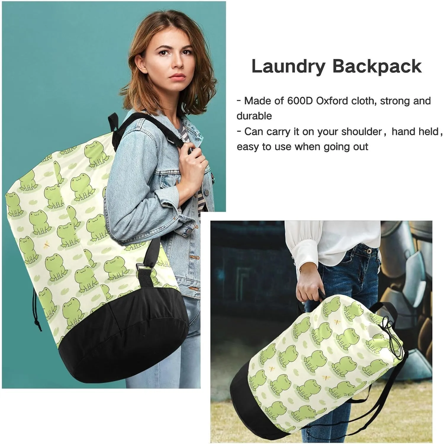 MNSRUU Washable Laundry Bag Backpack Large Dirty Clothes Bag with Adjustable Shoulder Strap Handles, Cute Frog Extra Laundry Heavy Duty Drawstring Bag for Travel College Grey Camping