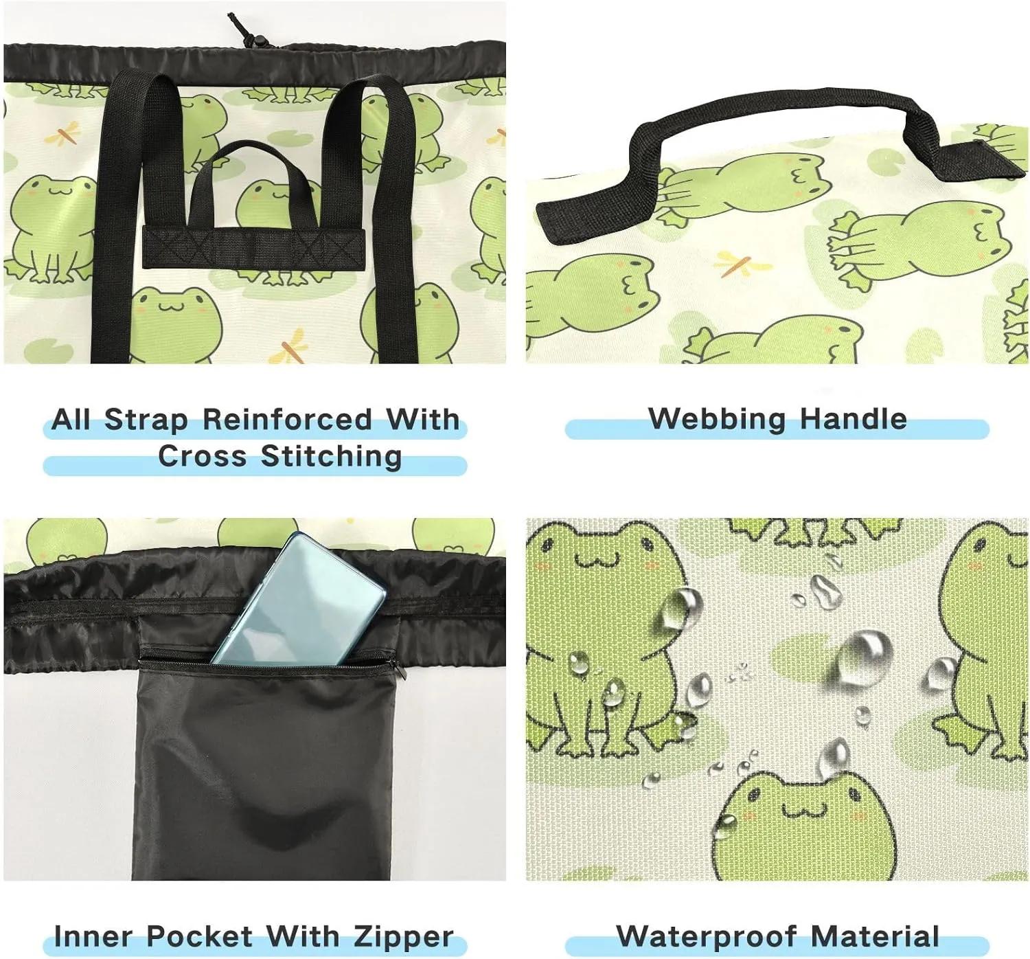 MNSRUU Washable Laundry Bag Backpack Large Dirty Clothes Bag with Adjustable Shoulder Strap Handles, Cute Frog Extra Laundry Heavy Duty Drawstring Bag for Travel College Grey Camping