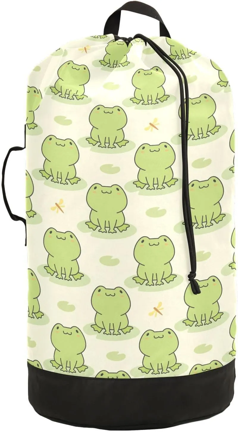 MNSRUU Washable Laundry Bag Backpack Large Dirty Clothes Bag with Adjustable Shoulder Strap Handles, Cute Frog Extra Laundry Heavy Duty Drawstring Bag for Travel College Grey Camping