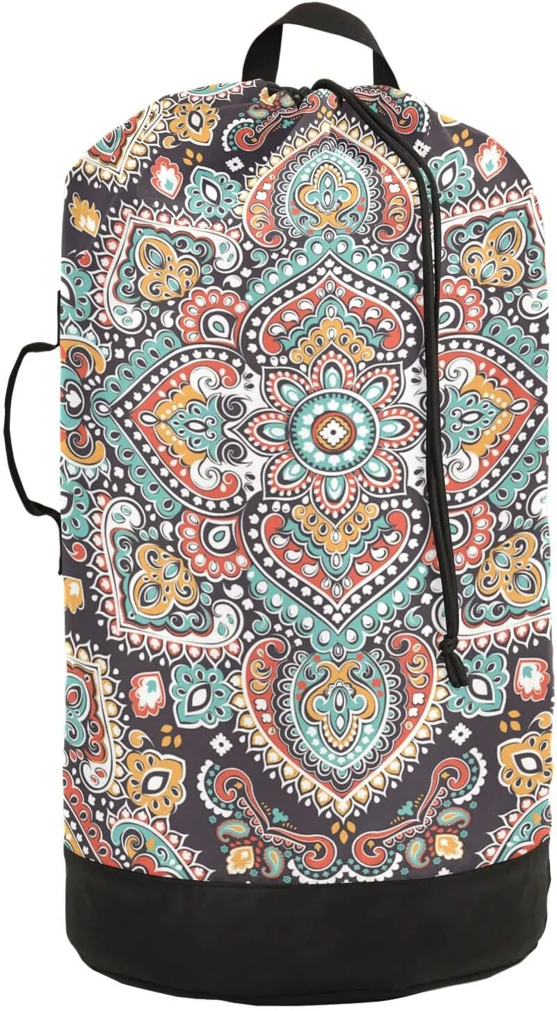 MNSRUU Washable Laundry Bag Backpack Large Dirty Clothes Bag with Adjustable Shoulder Strap Handles, Indian Floral Paisley Extra Laundry Heavy Duty Drawstring Bag for Travel College Grey Camping