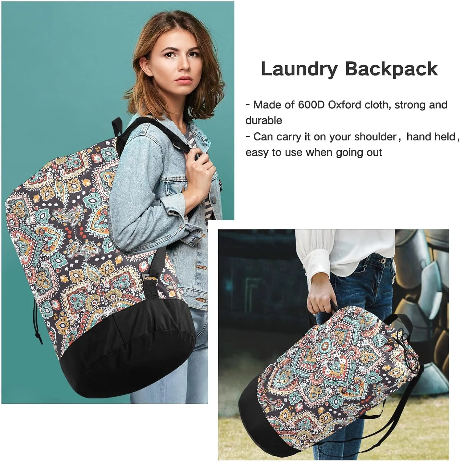 MNSRUU Washable Laundry Bag Backpack Large Dirty Clothes Bag with Adjustable Shoulder Strap Handles, Indian Floral Paisley Extra Laundry Heavy Duty Drawstring Bag for Travel College Grey Camping