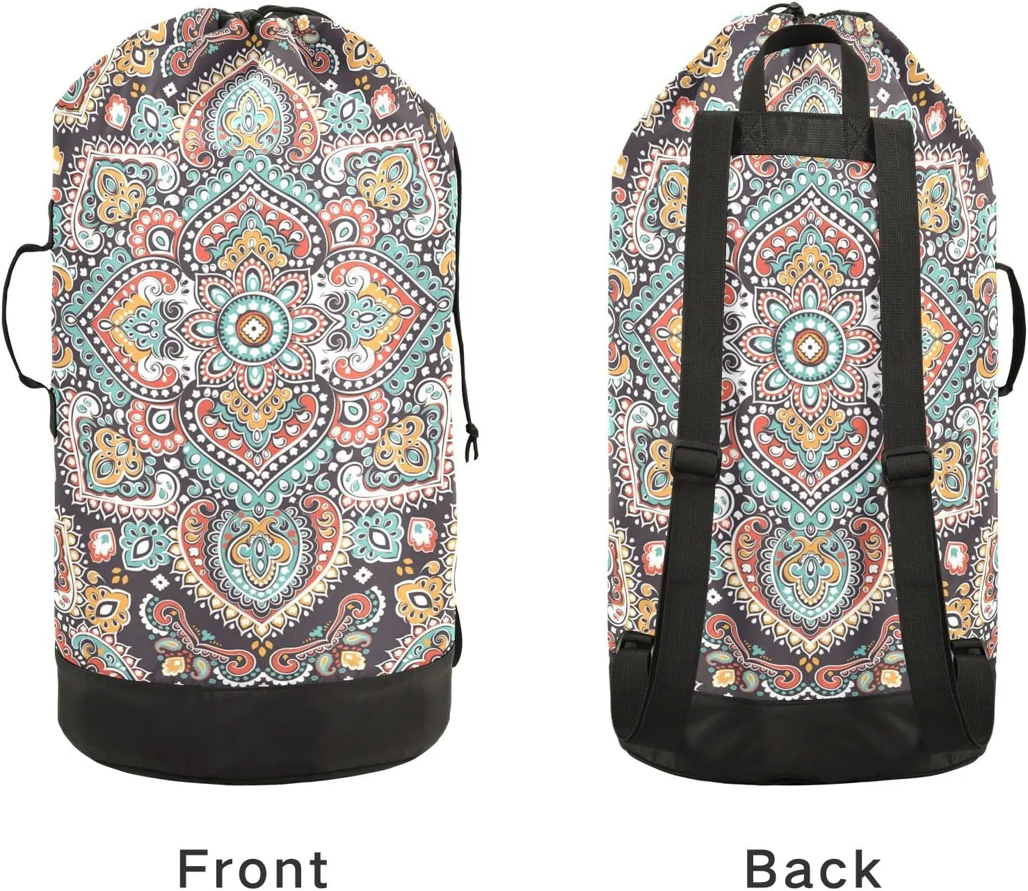 MNSRUU Washable Laundry Bag Backpack Large Dirty Clothes Bag with Adjustable Shoulder Strap Handles, Indian Floral Paisley Extra Laundry Heavy Duty Drawstring Bag for Travel College Grey Camping