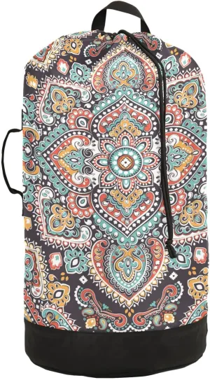 MNSRUU Washable Laundry Bag Backpack Large Dirty Clothes Bag with Adjustable Shoulder Strap Handles, Indian Floral Paisley Extra Laundry Heavy Duty Drawstring Bag for Travel College Grey Camping