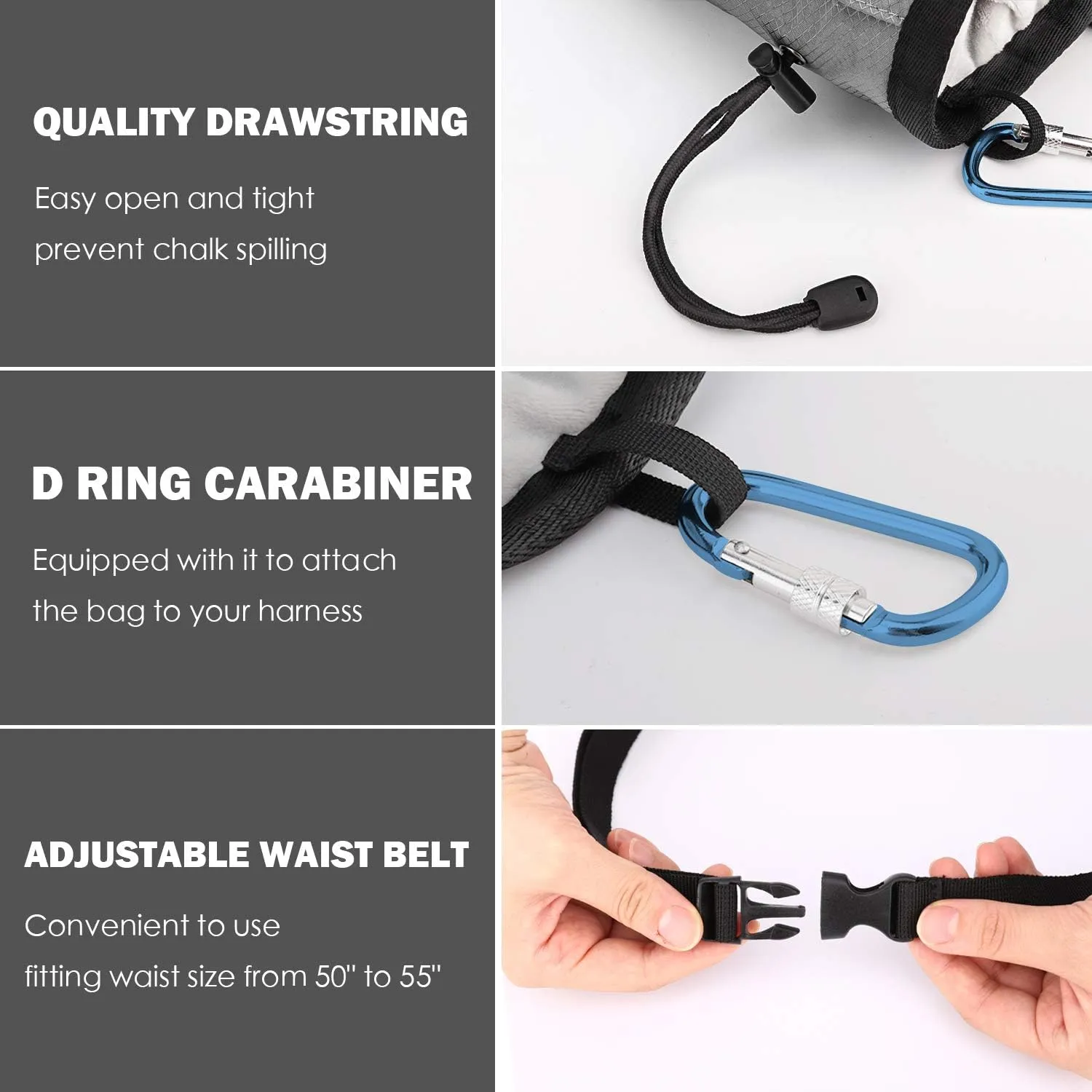 MoKo Rock Climbing Chalk Bag, Bouldering Chalk Pot Bucket with Adjustable Belt & Carabiner Drawstring Climbing Gear