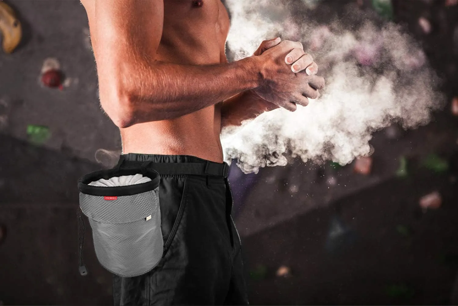 MoKo Rock Climbing Chalk Bag, Bouldering Chalk Pot Bucket with Adjustable Belt & Carabiner Drawstring Climbing Gear