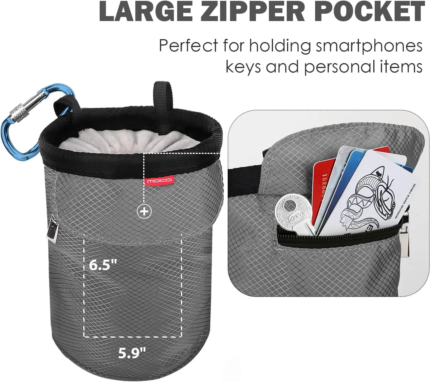 MoKo Rock Climbing Chalk Bag, Bouldering Chalk Pot Bucket with Adjustable Belt & Carabiner Drawstring Climbing Gear