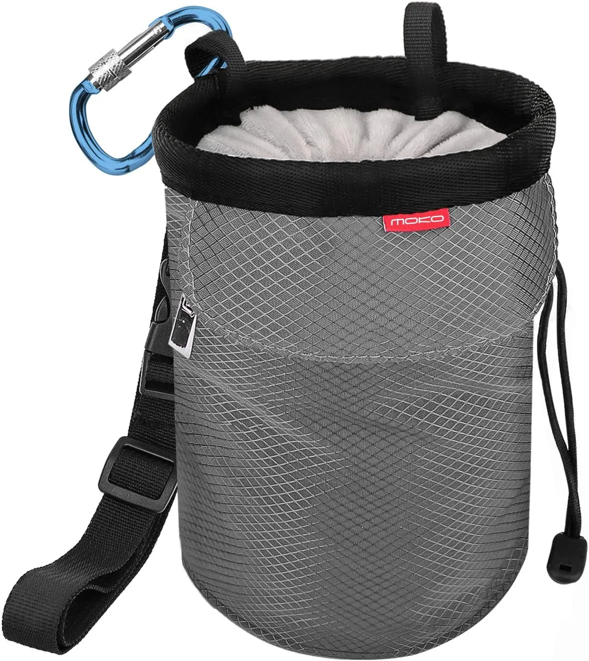 MoKo Rock Climbing Chalk Bag, Bouldering Chalk Pot Bucket with Adjustable Belt & Carabiner Drawstring Climbing Gear