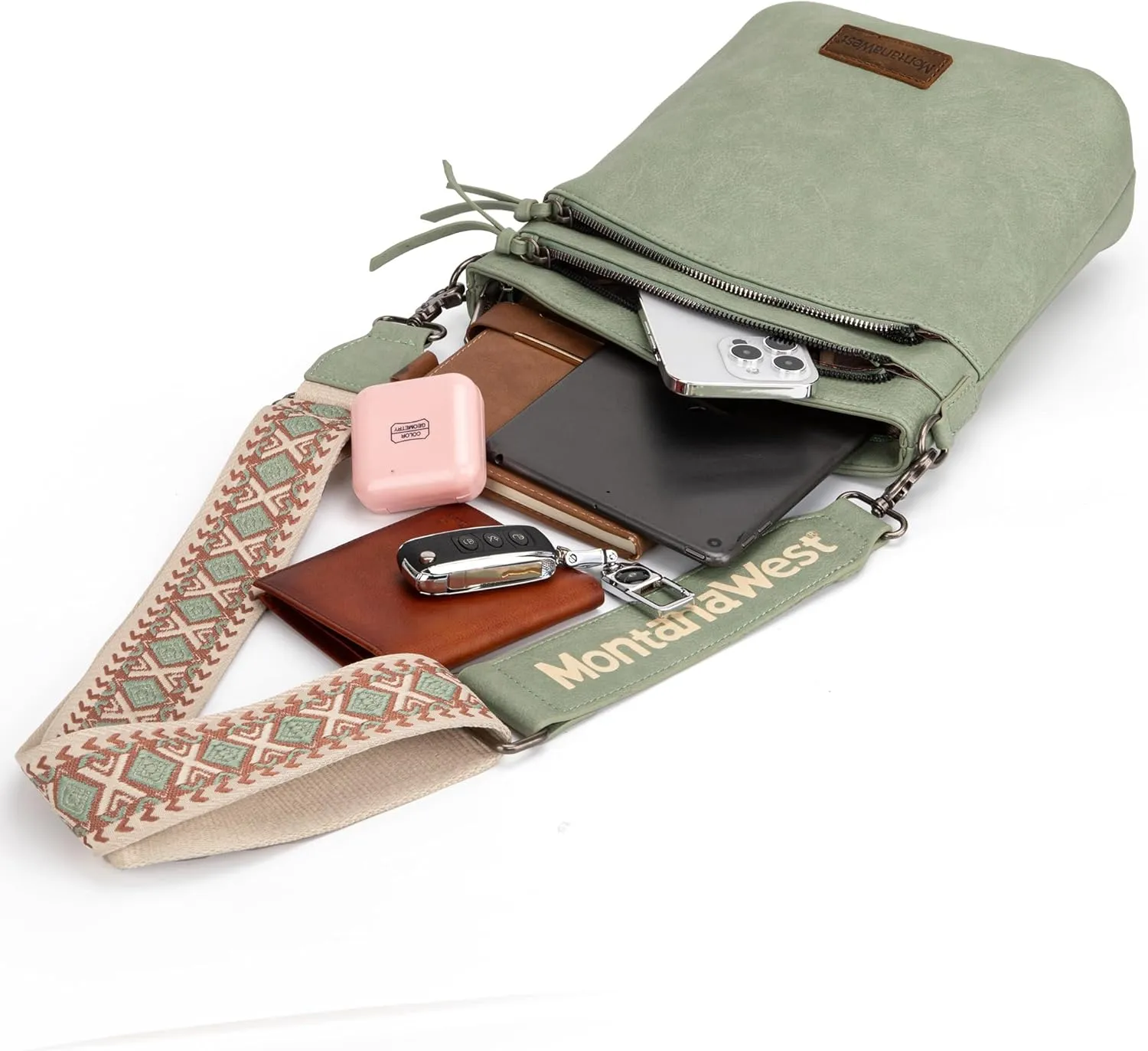 Montana West Multi Zip Pocket Large Crossbody Bag With Guitar Strap