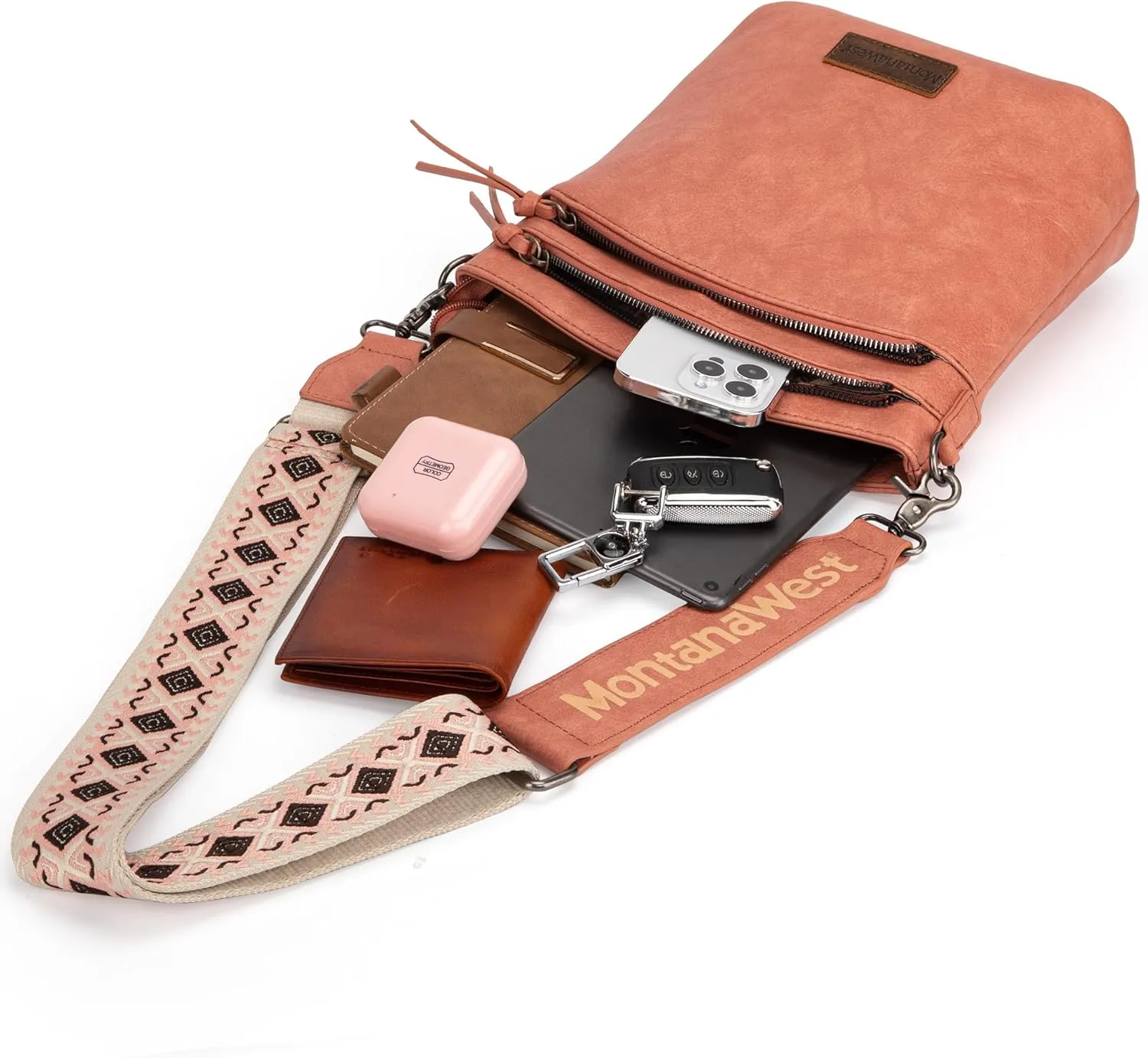 Montana West Multi Zip Pocket Large Crossbody Bag With Guitar Strap