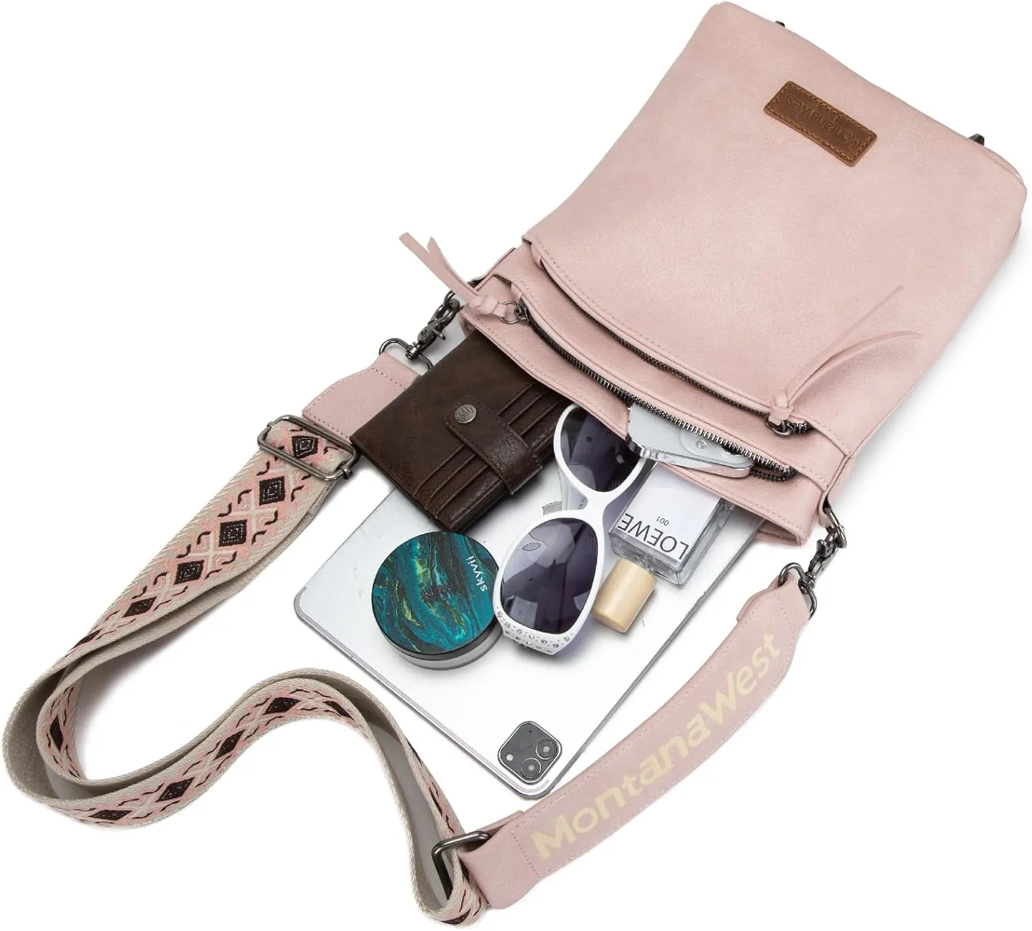 Montana West Multi Zip Pocket Large Crossbody Bag With Guitar Strap