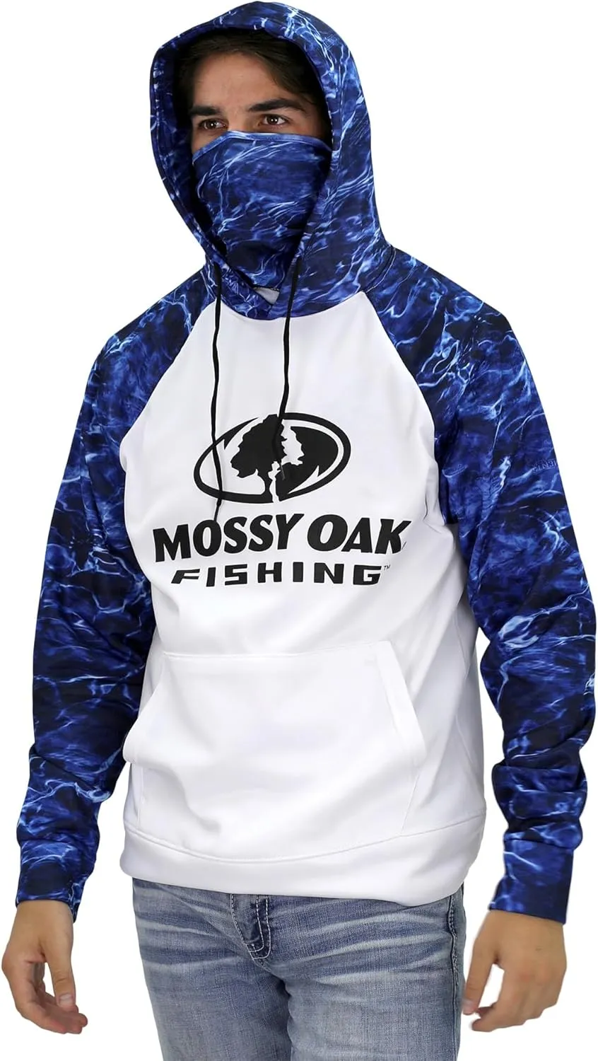 Mossy Oak Mens Fishing Hoodie, UV SPF Sun Protection Camo Fishing Sweatshirt with Face Mask Gaiter