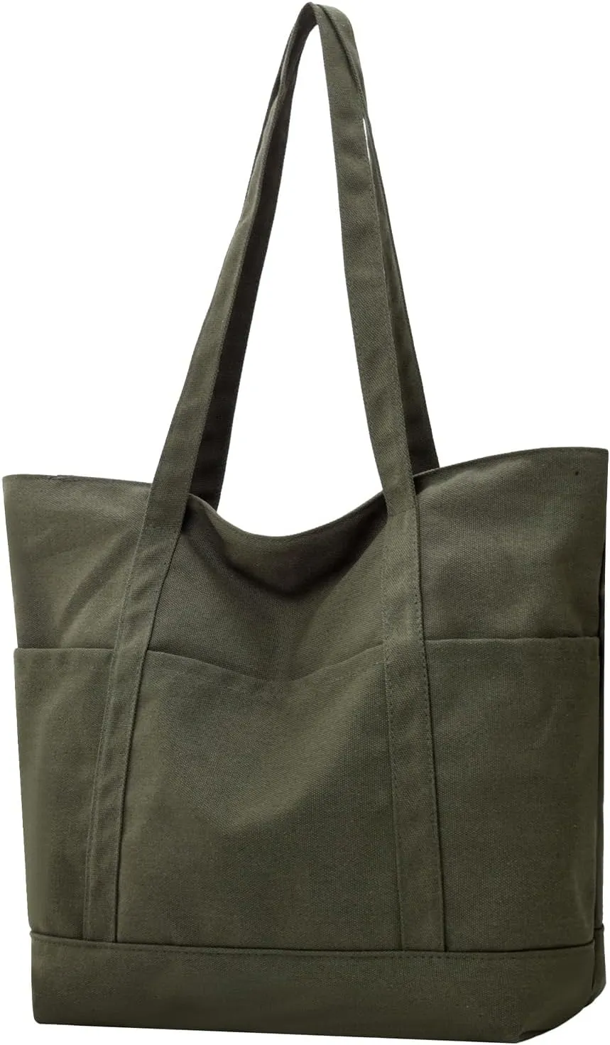 Muka Large Canvas Tote Bag with Multiple Pockets, 16oz Heavy Duty Zipper Shoulder Bag (Army Green)