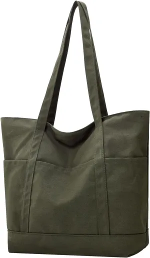 Muka Large Canvas Tote Bag with Multiple Pockets, 16oz Heavy Duty Zipper Shoulder Bag (Army Green)