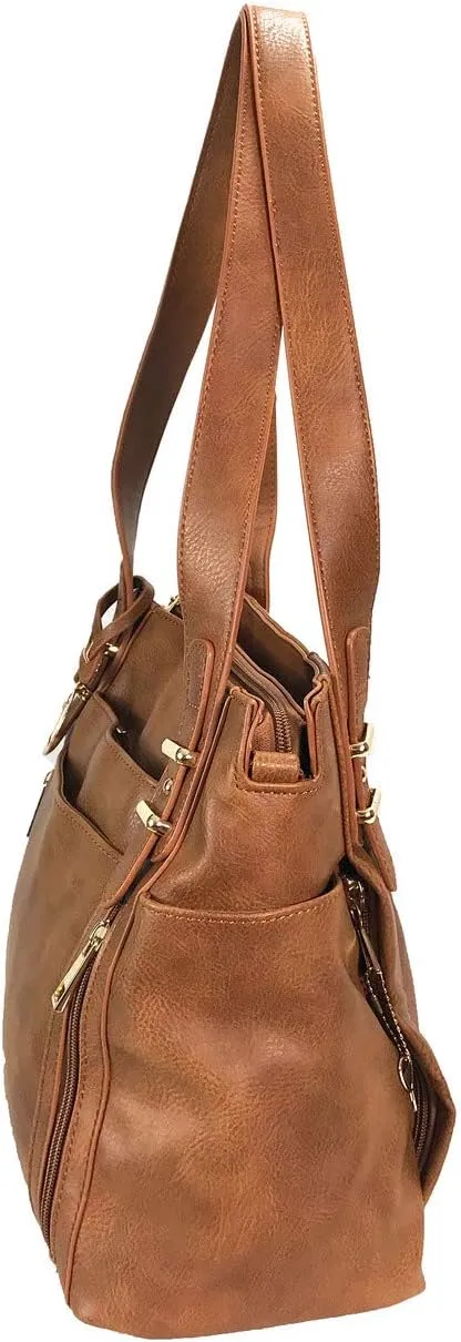 Multi Pockets Double Handles Faux Leather Concealed Carry Purse with Hidden Locking Zipper