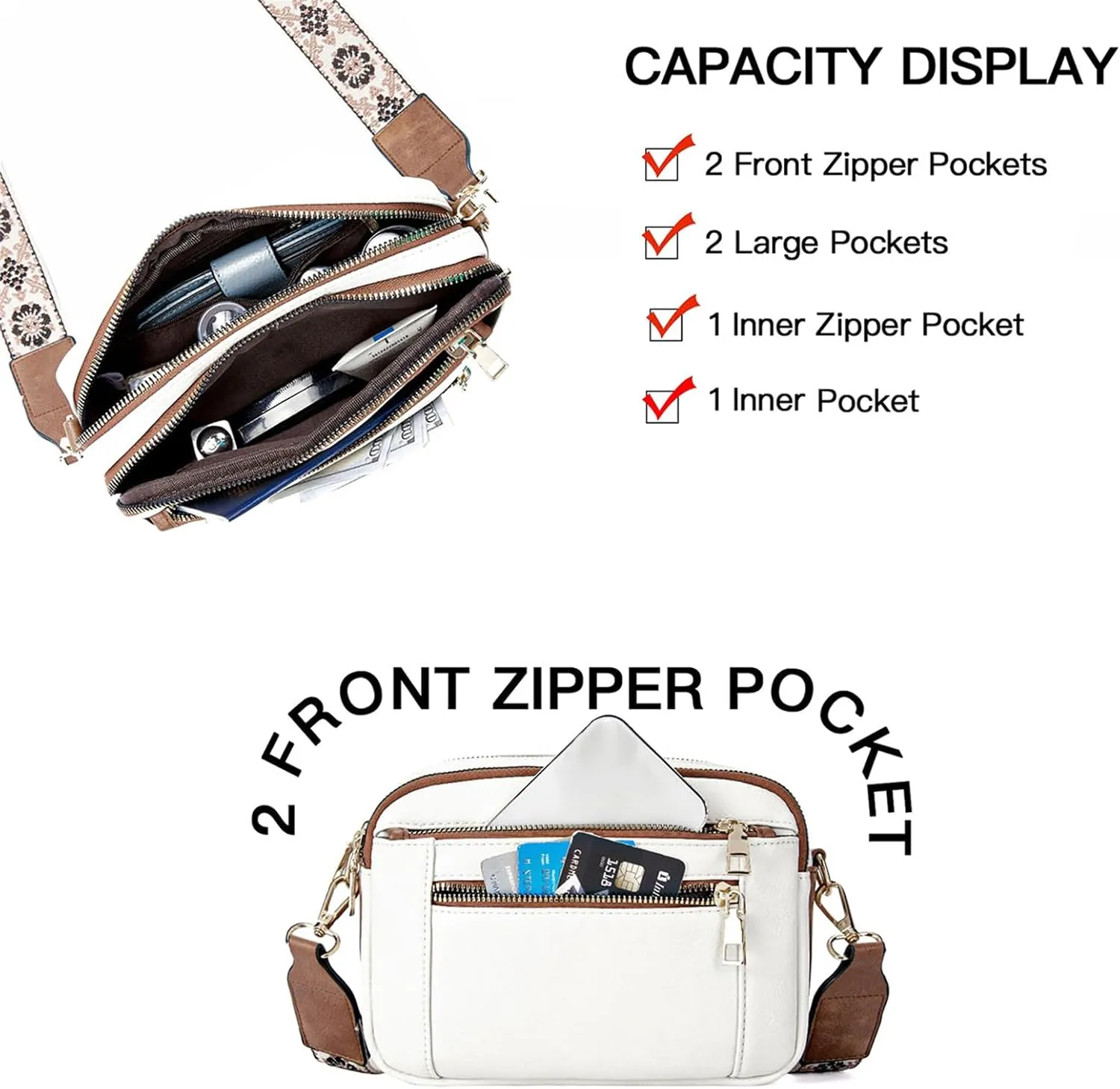 Multifunctional Zipper Crossbody Bag, Multi-Pocket Crossbody Bag for Women, Adjustable And Removable Shoulder Strap.