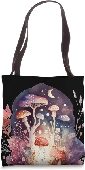 Mushroom Dream Witchy Purple Night Woodland Moon Phases Tote Bag