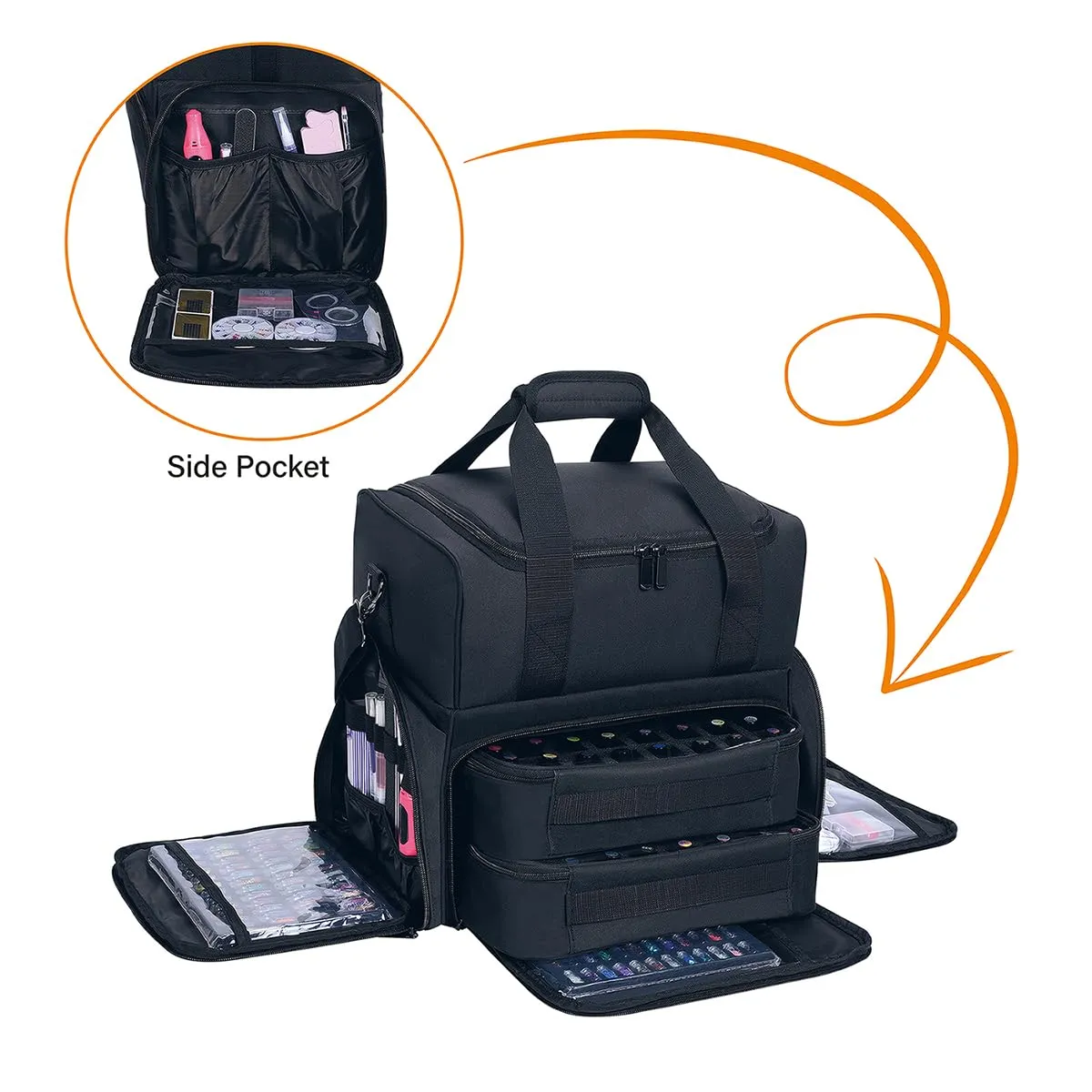 Nail Polish Organizer 80 Bottles & Nail Lamp Large Capacity Storage with 2 Removable Pouches Store Women's Nail Art Tools Suit for Manicurists and Beauty Portable Travel Bag(Black)