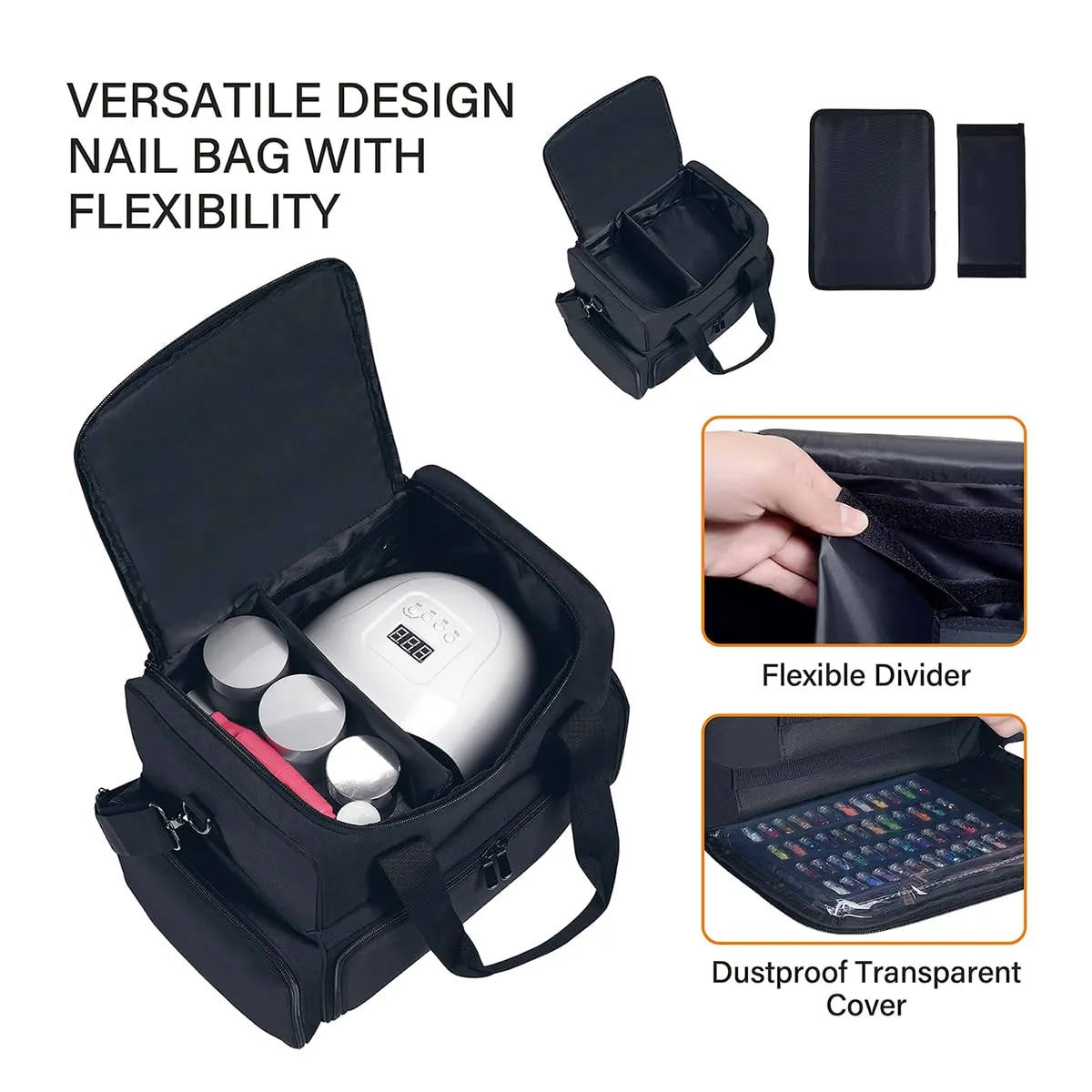 Nail Polish Organizer 80 Bottles & Nail Lamp Large Capacity Storage with 2 Removable Pouches Store Women's Nail Art Tools Suit for Manicurists and Beauty Portable Travel Bag(Black)