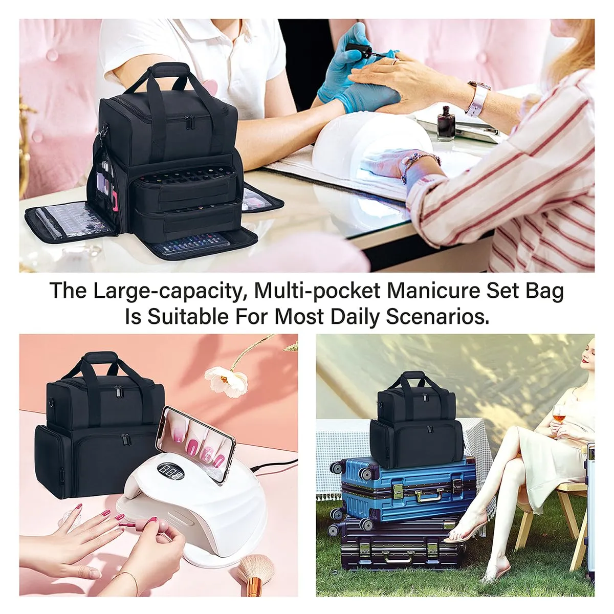 Nail Polish Organizer 80 Bottles & Nail Lamp Large Capacity Storage with 2 Removable Pouches Store Women's Nail Art Tools Suit for Manicurists and Beauty Portable Travel Bag(Black)