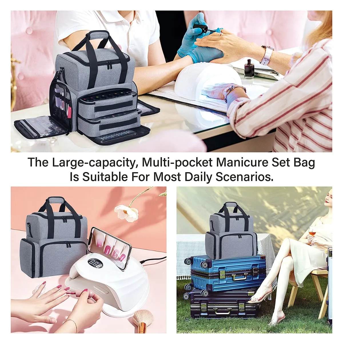 Nail Polish Organizer 80 Bottles & Nail Lamp Large Capacity Storage with 2 Removable Pouches Store Women's Nail Art Tools Suit for Manicurists and Beauty Portable Travel Bag(Grey)