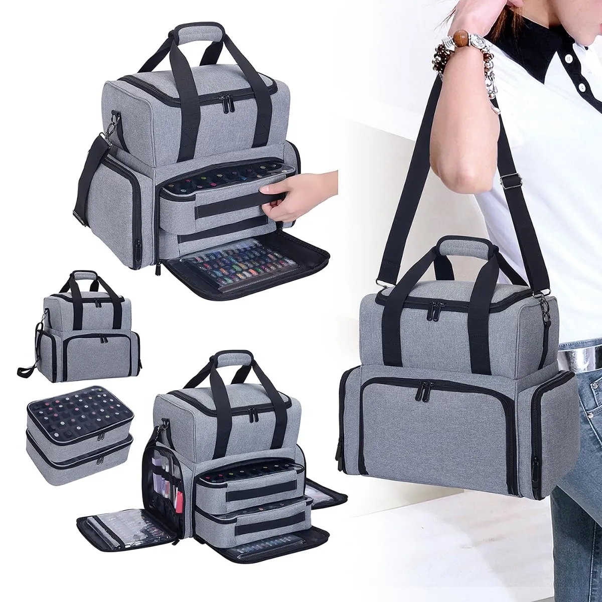 Nail Polish Organizer 80 Bottles & Nail Lamp Large Capacity Storage with 2 Removable Pouches Store Women's Nail Art Tools Suit for Manicurists and Beauty Portable Travel Bag(Grey)