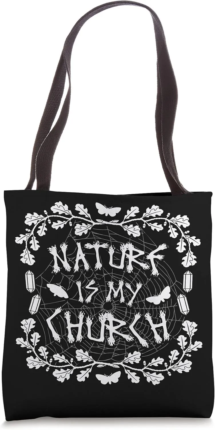 Nature Is My Church Spider Web, Moth, Crystals and Foliage Tote Bag