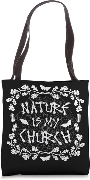 Nature Is My Church Spider Web, Moth, Crystals and Foliage Tote Bag