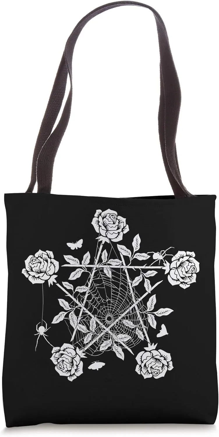 Nature Witch Pentacle With Flowers, Spider Web And Spider Tote Bag