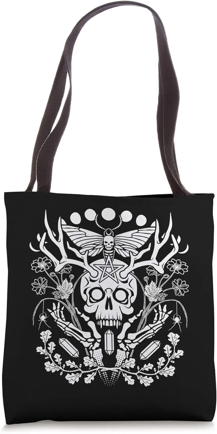 Nature Witch Skull, Moon, Moth, Spider, Antler and Crystals Tote Bag