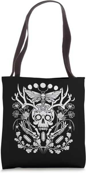 Nature Witch Skull, Moon, Moth, Spider, Antler and Crystals Tote Bag
