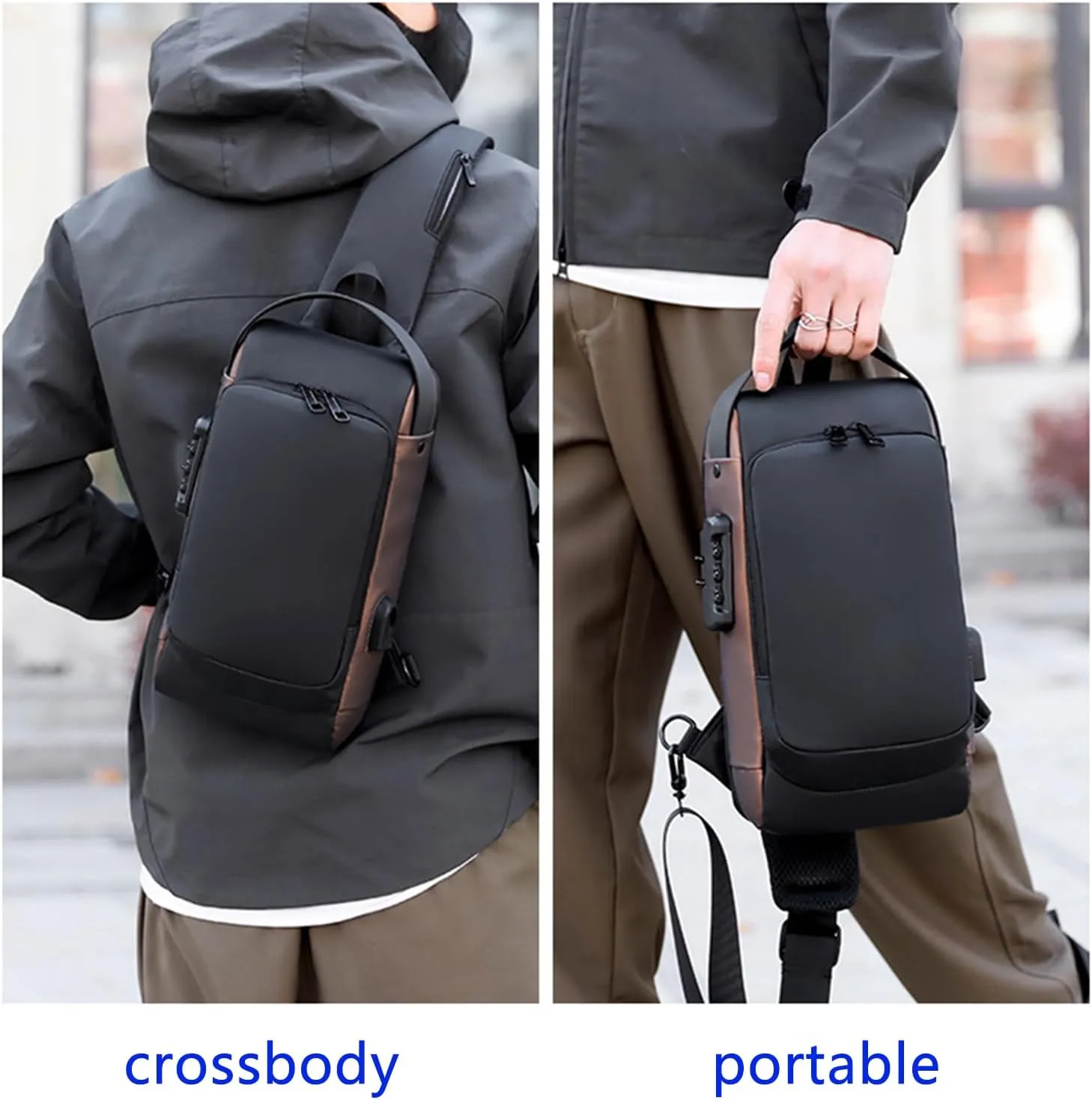 New Carbon Fiber Anti-Theft Sling Bag, Carbon Fiber Anti Theft Sling Bag, Sports Crossbody Bag, Waterproof Shoulder Backpack (blue gold)