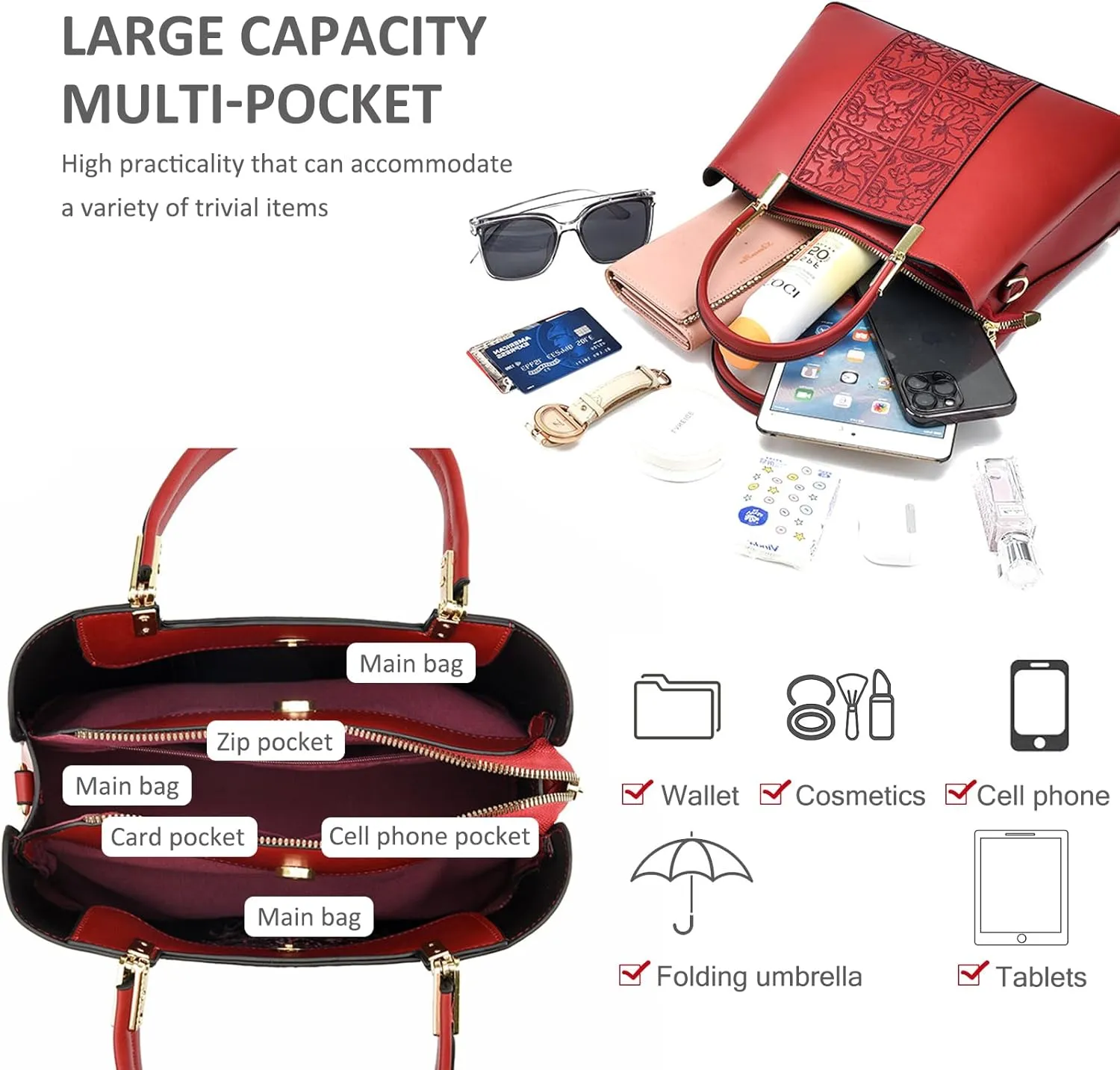 NICOLE & DORIS Women Fashion Handbags Embroidery Shoulder Bags Crossbody Bag Multi Pocket Tote Bag with Ribbon