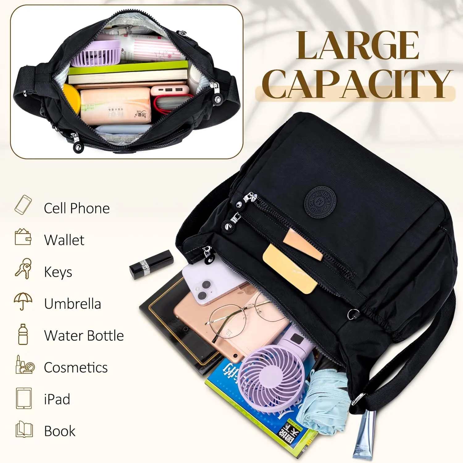 Nylon Crossbody Bags for Women Waterproof Lightweight Large Travel Purses Multi-Pocket Pocketbooks Shoulder Bag