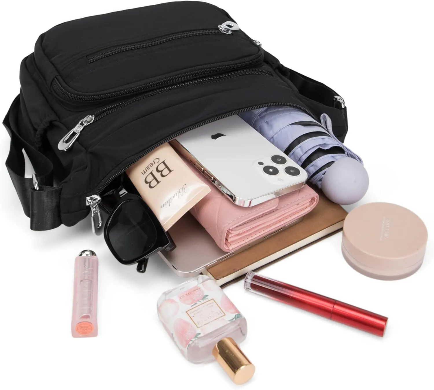 Nylon Floral Multi-Pocket Crossbody Purse Bags for Women Travel Shoulder Bag