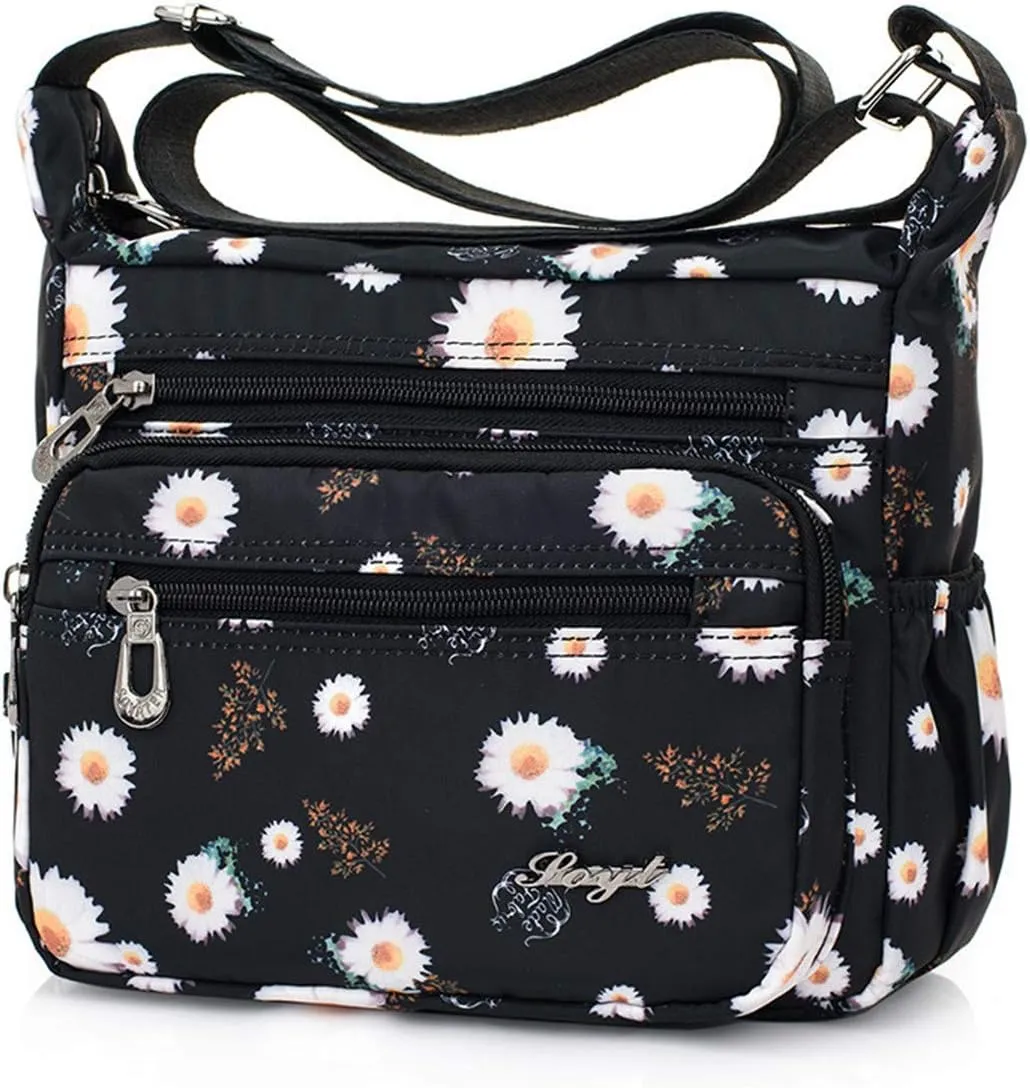 Nylon Floral Multi-Pocket Crossbody Purse Bags for Women Travel Shoulder Bag