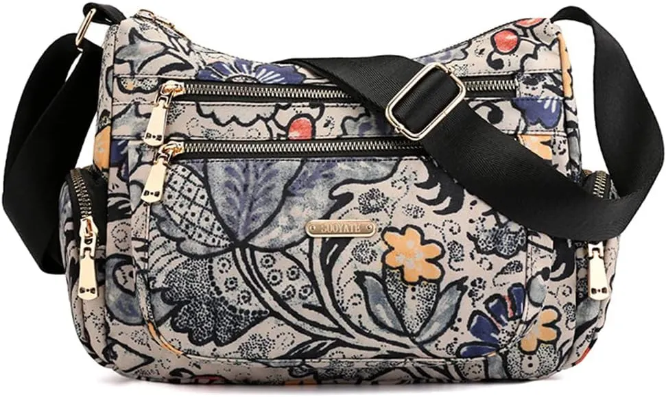 Nylon Floral Multi-Pocket Crossbody Purse Bags for Women Travel Shoulder Bag