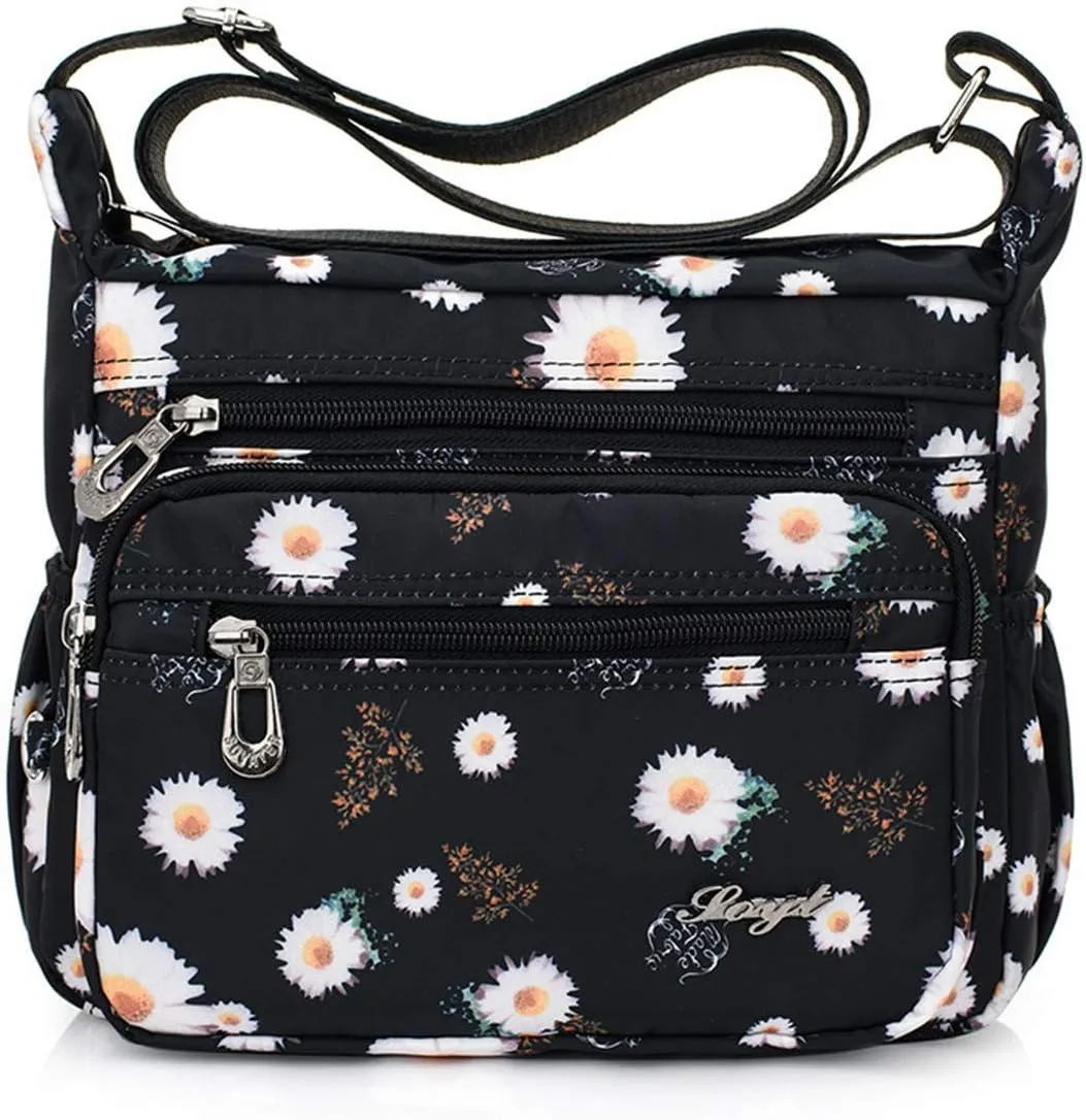 Nylon Floral Multi-Pocket Crossbody Purse Bags for Women Travel Shoulder Bag