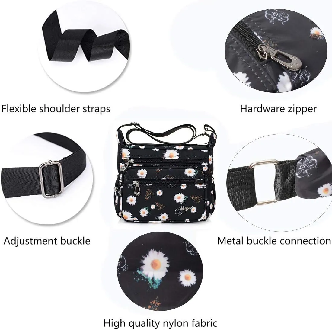Nylon Floral Multi-Pocket Crossbody Purse Bags for Women Travel Shoulder Bag