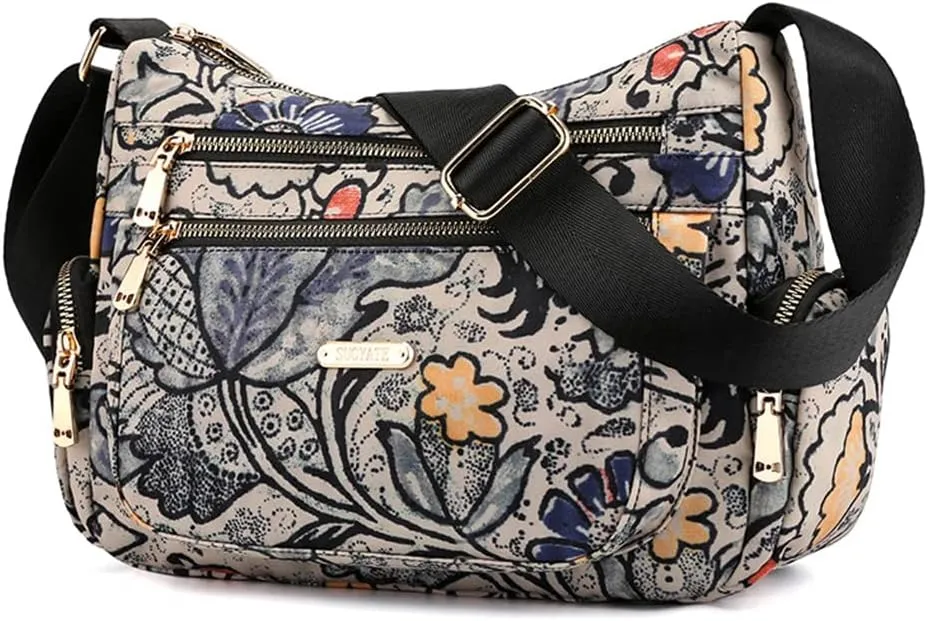 Nylon Floral Multi-Pocket Crossbody Purse Bags for Women Travel Shoulder Bag