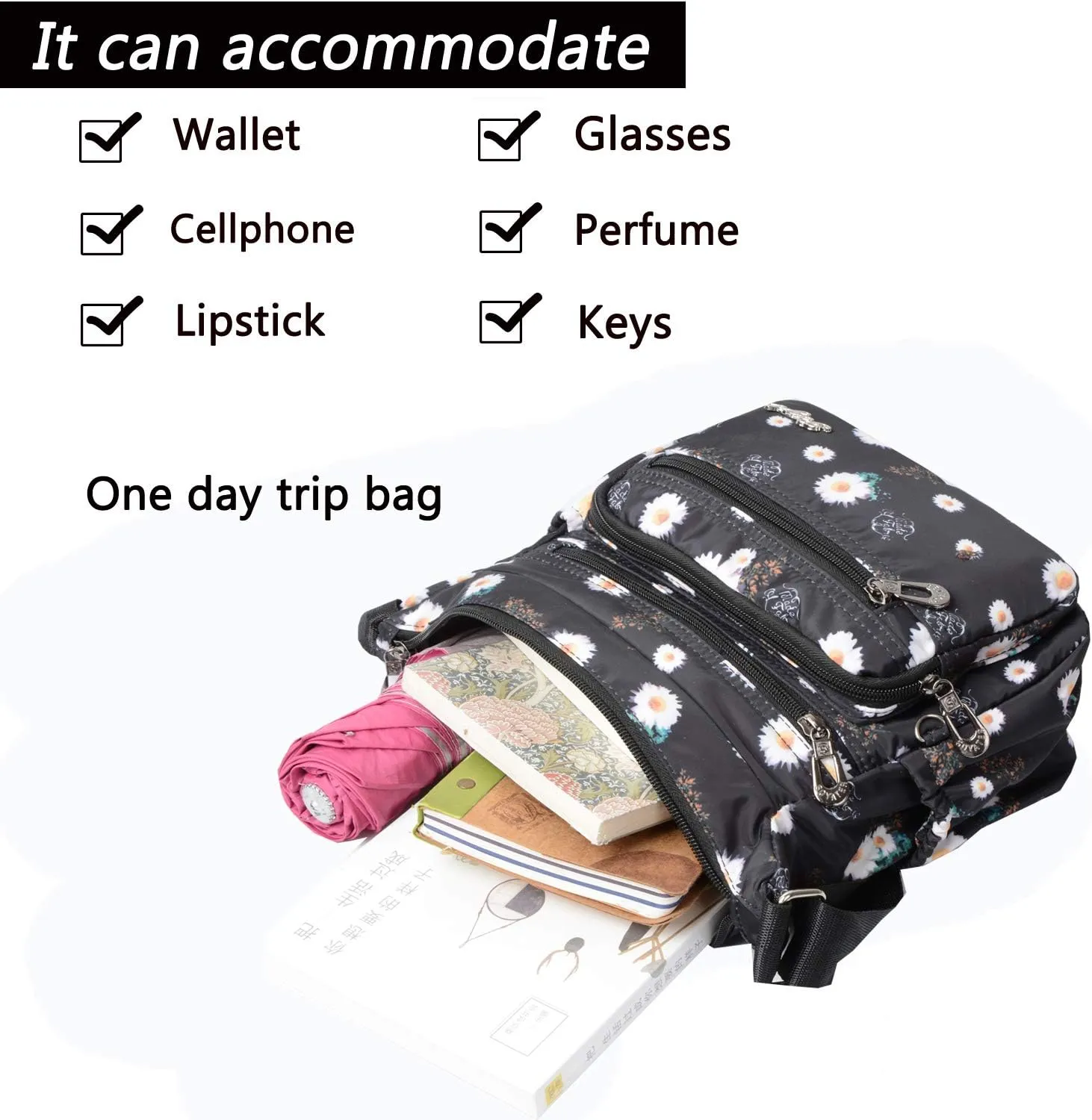 Nylon Floral Multi-Pocket Crossbody Purse Bags for Women Travel Shoulder Bag