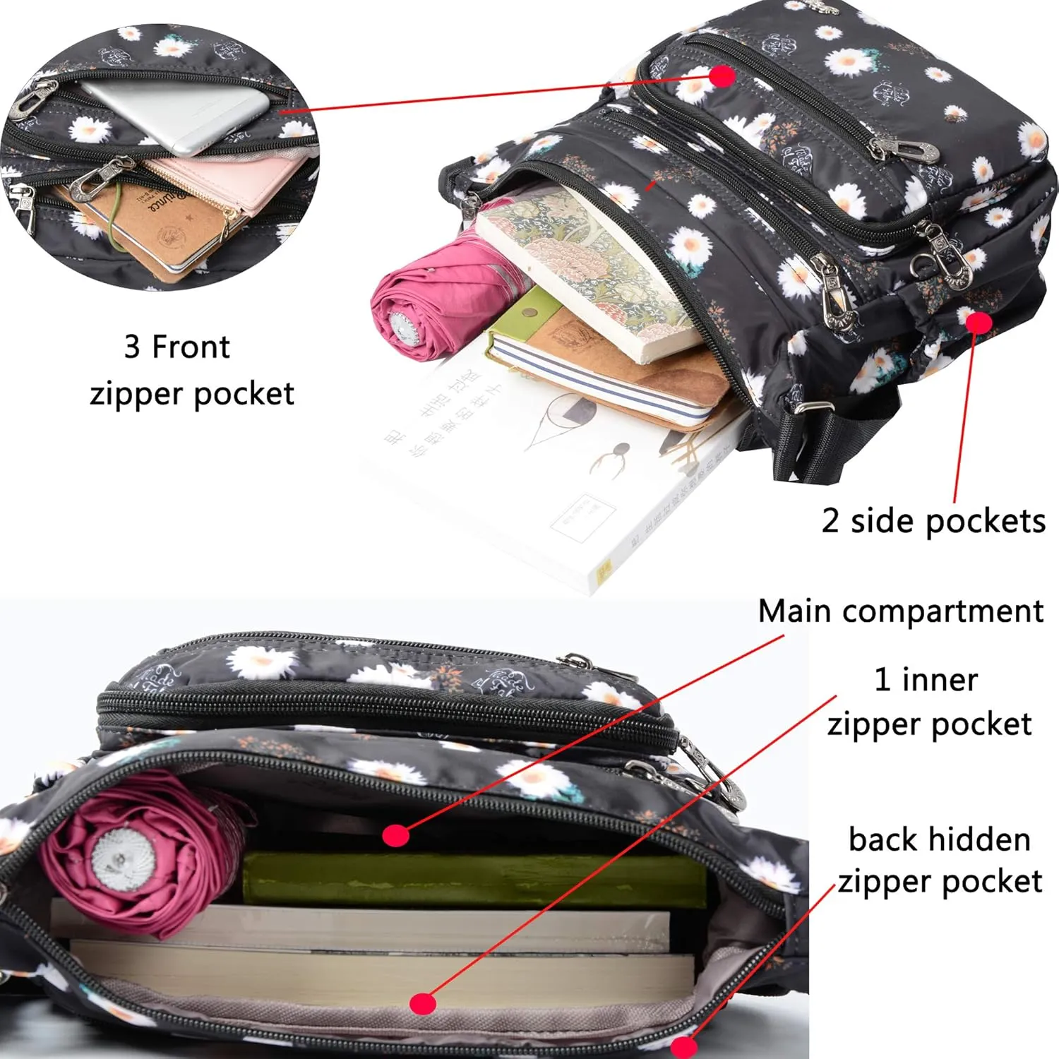 Nylon Floral Multi-Pocket Crossbody Purse Bags for Women Travel Shoulder Bag