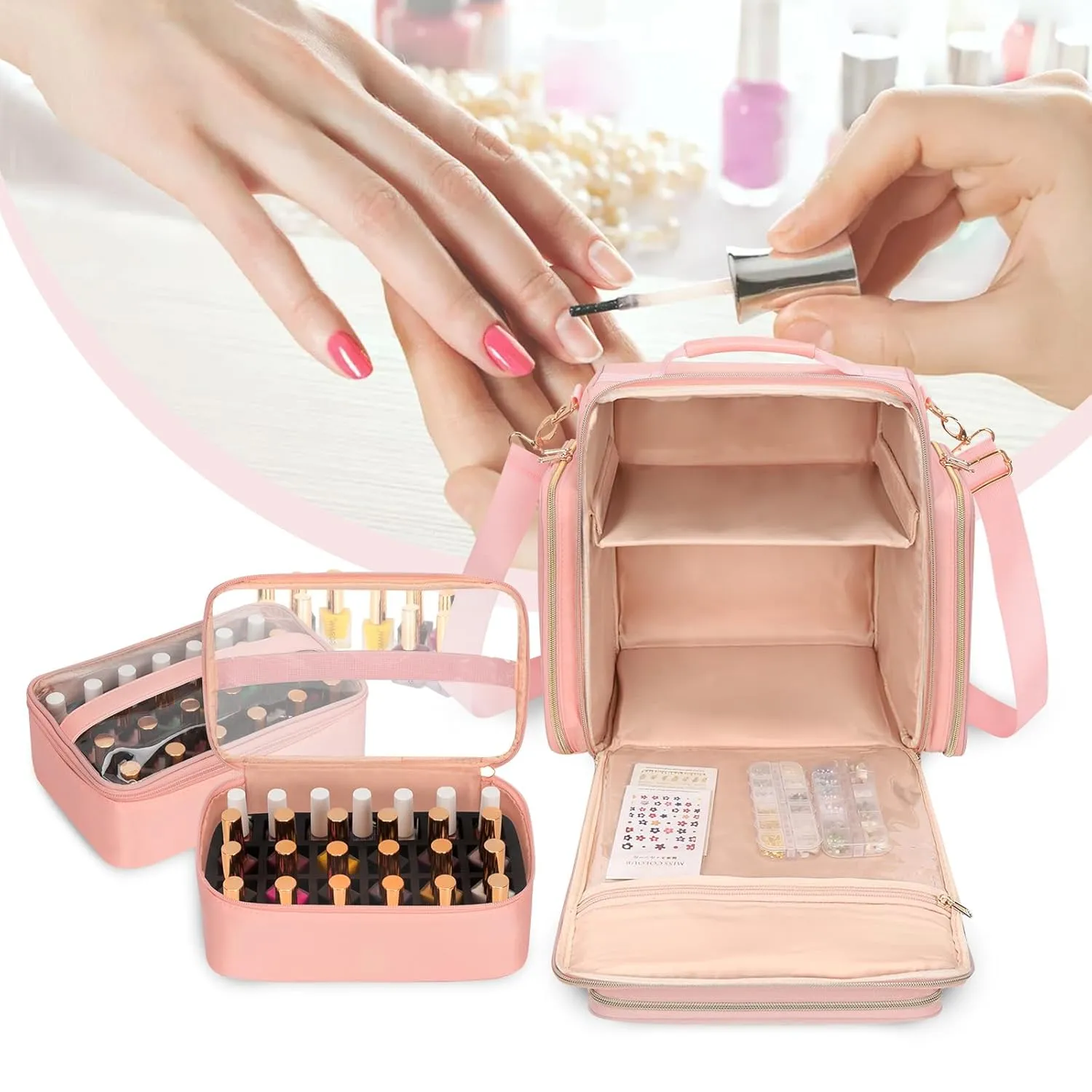 OCHEAL Nail Polish Organizer Case for 50-60 Bottles (15ml) - Portable Manicure Storage Bag with 2 Detachable Pouches, Nail Lamp Compartment & Tools Sections - Travel-Friendly Cosmetic Bag, Pink