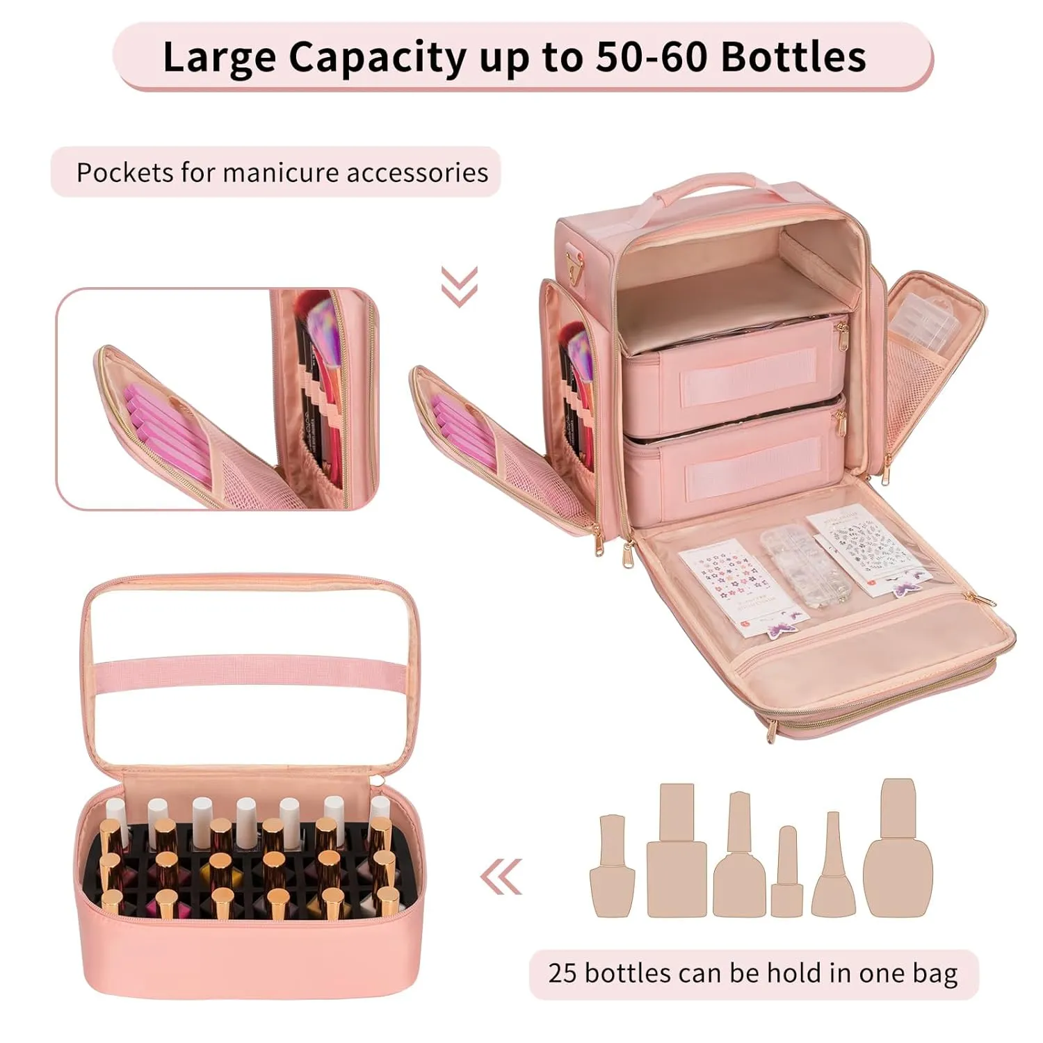 OCHEAL Nail Polish Organizer Case for 50-60 Bottles (15ml) - Portable Manicure Storage Bag with 2 Detachable Pouches, Nail Lamp Compartment & Tools Sections - Travel-Friendly Cosmetic Bag, Pink