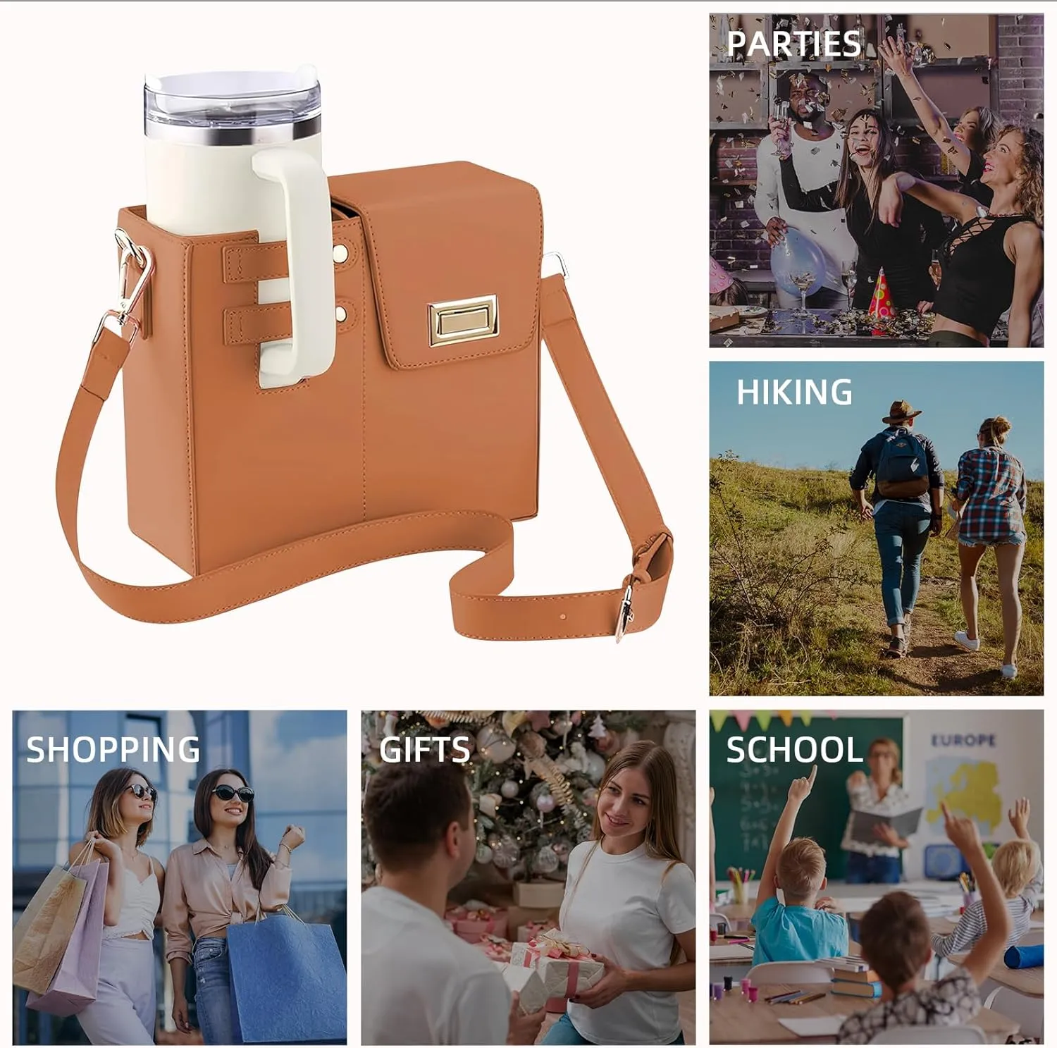 Outdoor Portable Crossbody Water Cup Storage Bag,Wear-Resistant Water Bottle Bag for Stanley 40 oz Tumble (brown)