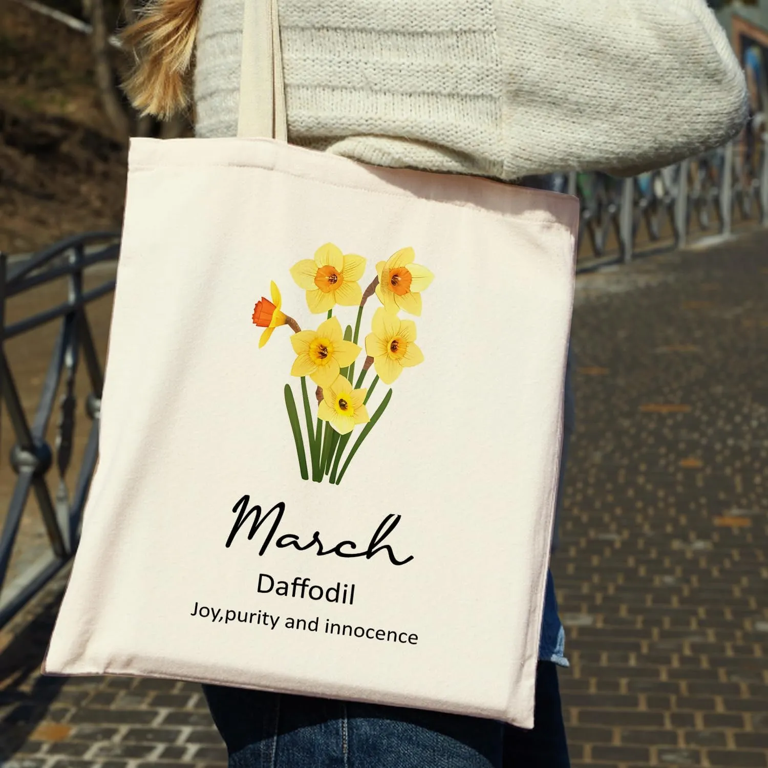 OUZ Birthday Flower Canvas Tote Bag, Birth Month Flower Personalized Gift for Her Mom Friend Birthday Graduation Christmas