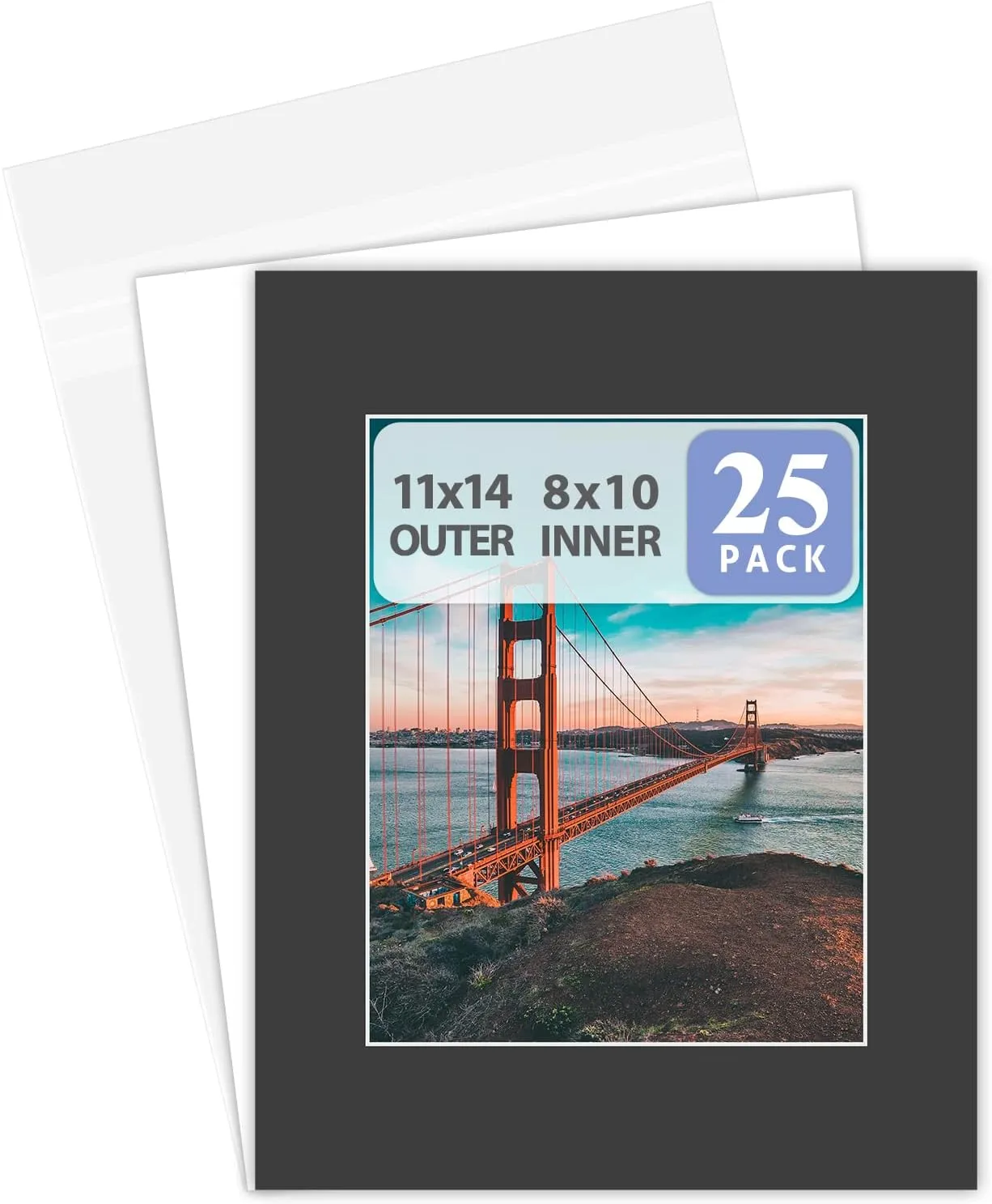 Pack of 25 11x14 Black Picture Mats Mattes with White Core Bevel Cut for 8x10 Photo  Backing  Bags